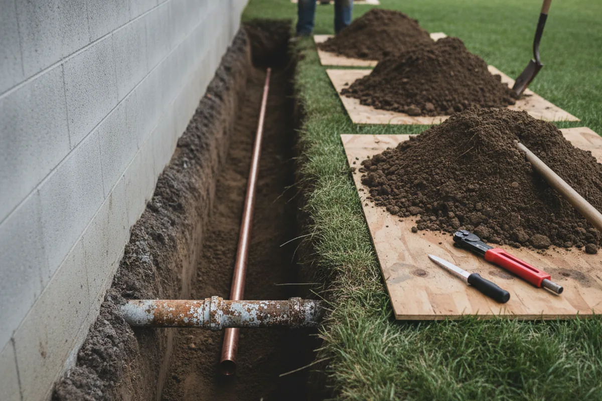 Excavated water line trench during Sewer Line Repair in Saraland